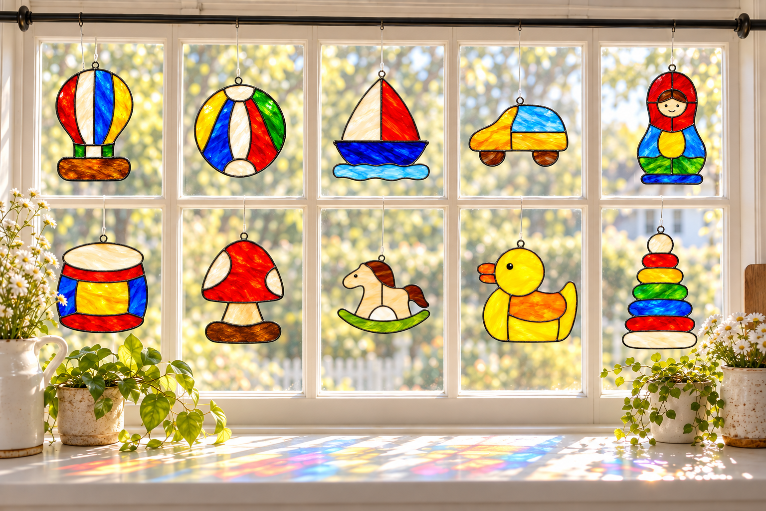 A farmhouse window hung with colourful stained glass toy suncatchers: a hot air balloon, beach ball, sailboat, car, nesting doll, drum, mushroom, rocking horse, duck, and stacking rings.